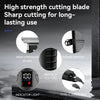 Close-up view of a professional cordless hair trimmer showing various features like the blade, power switch, indicator light,