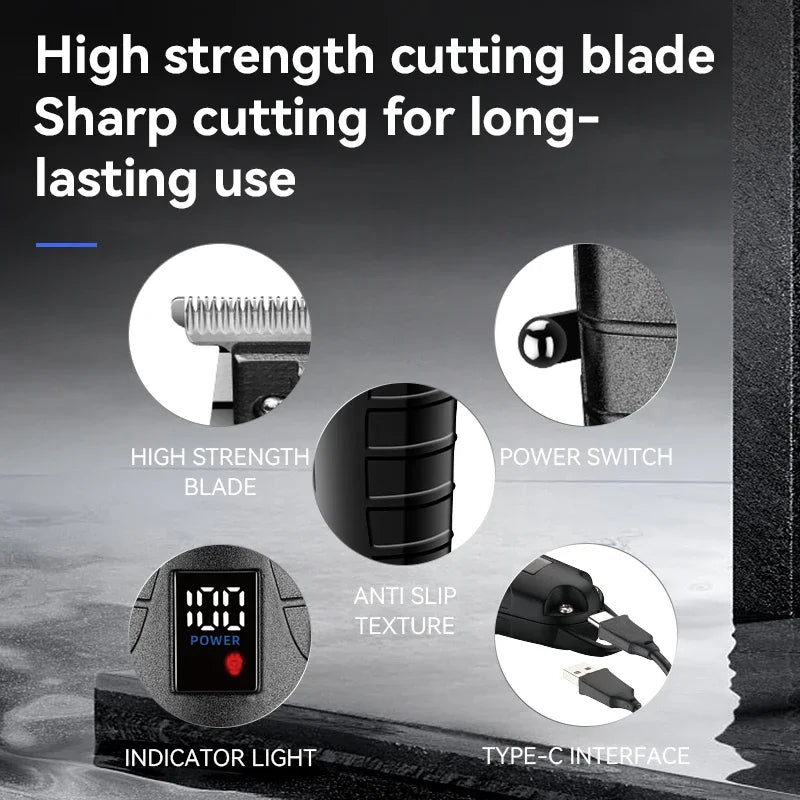 Close-up view of a professional cordless hair trimmer showing various features like the blade, power switch, indicator light,