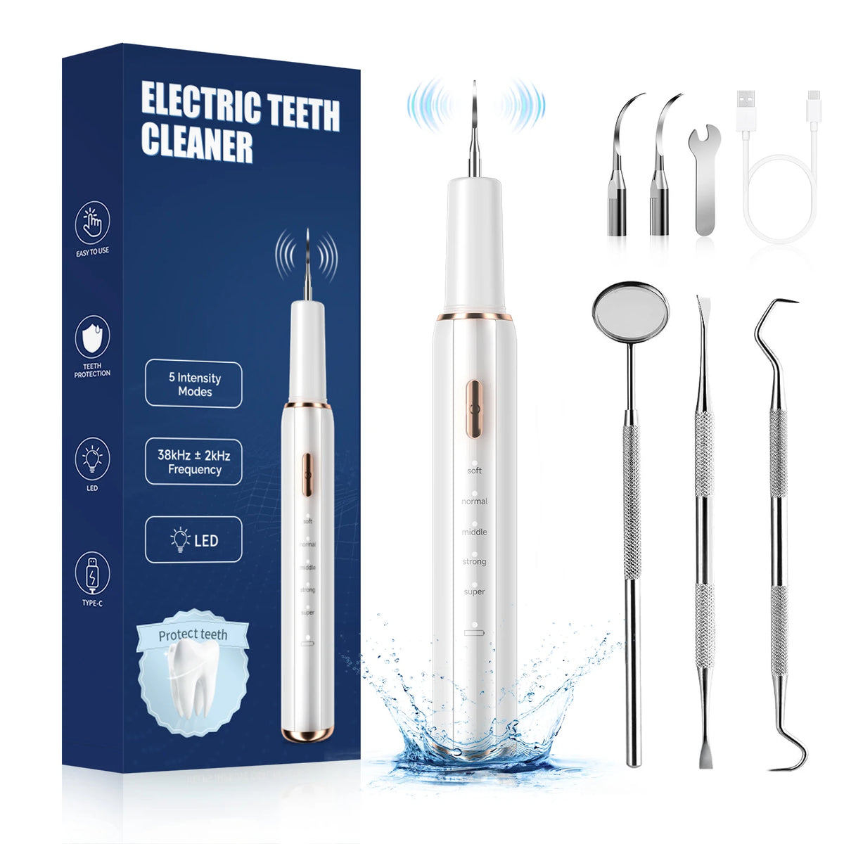 A box and various tools for an electric teeth cleaner device, including a main unit and several cleaning tips.