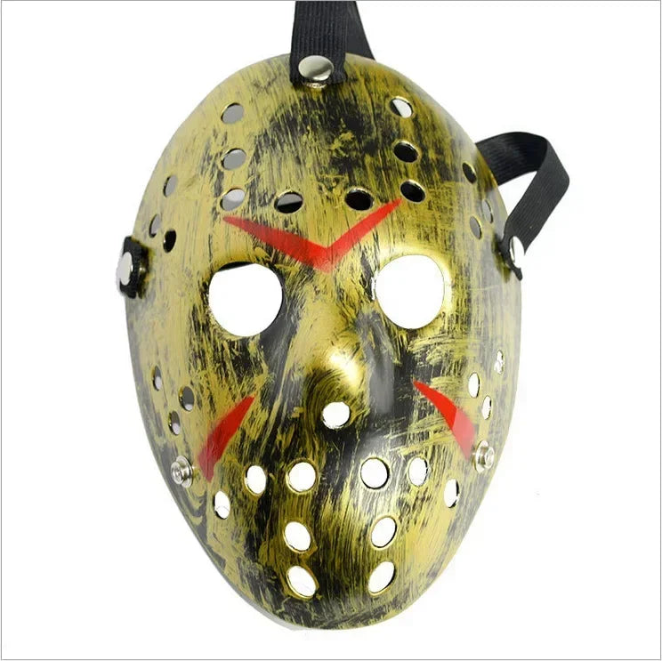 Masque de hockey or et noir avec finition texturée usée et accents rouges.