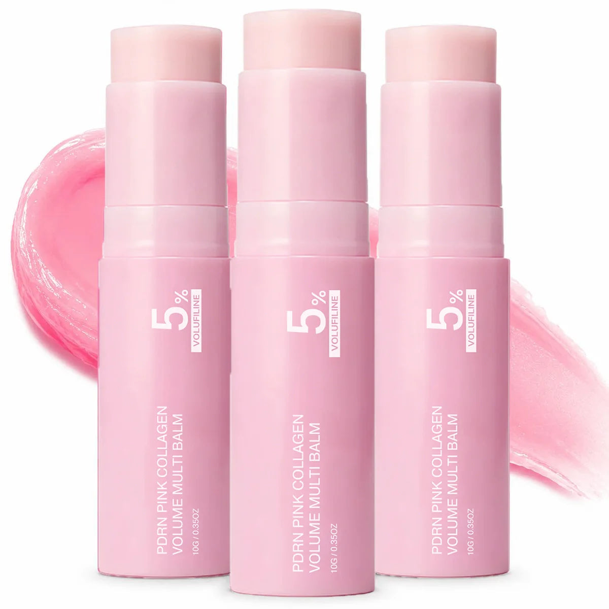 Three tubes of PDRN Pink Collagen Volume Multi Balm stick in pink packaging