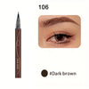 A dark brown liquid eyebrow pen shown next to a close-up of an eye with defined brows.