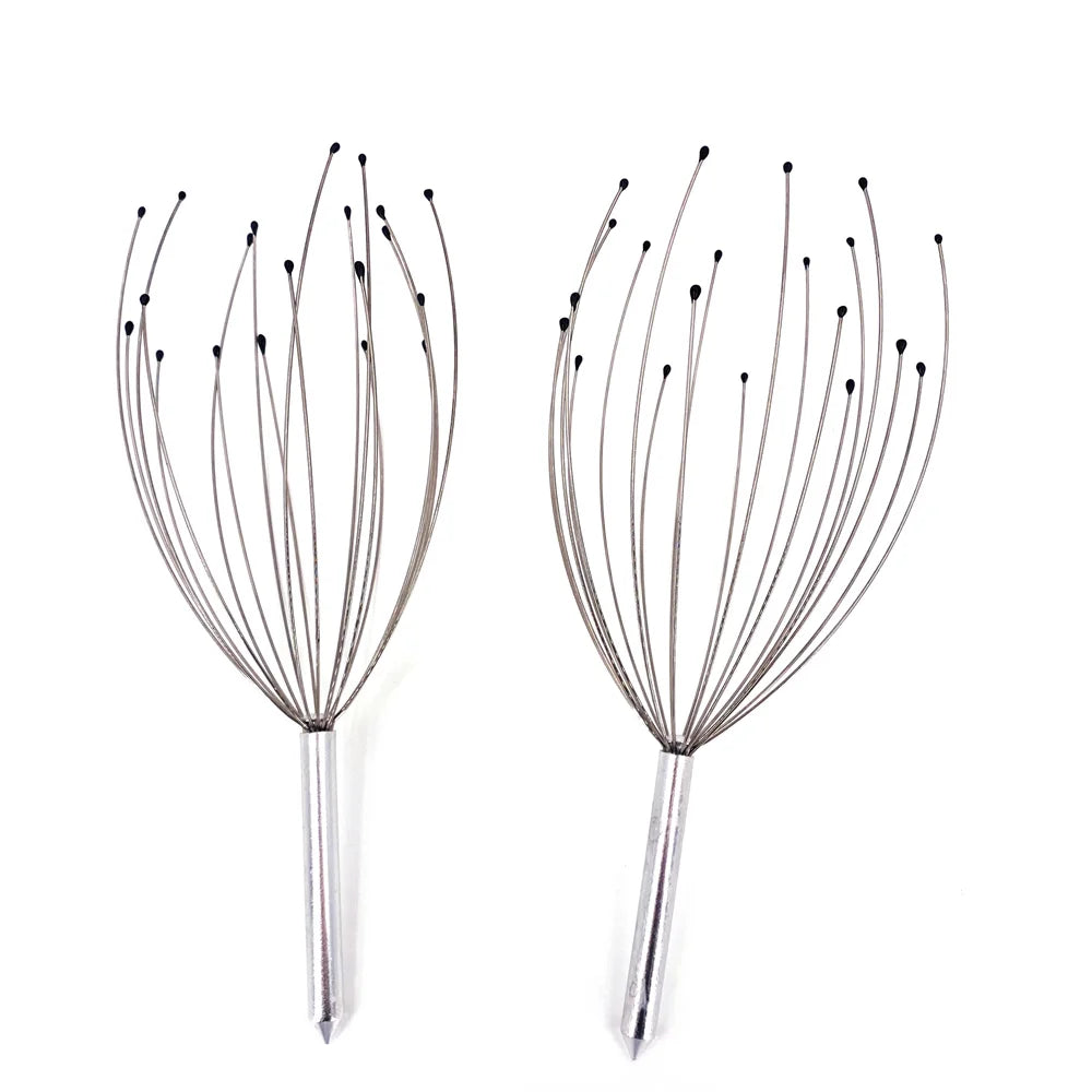 A pair of stainless steel scalp massagers with multiple fine, pointed prongs.