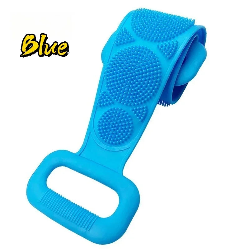 Blue extended silicone body scrubber and massager tool with textured silicone heads