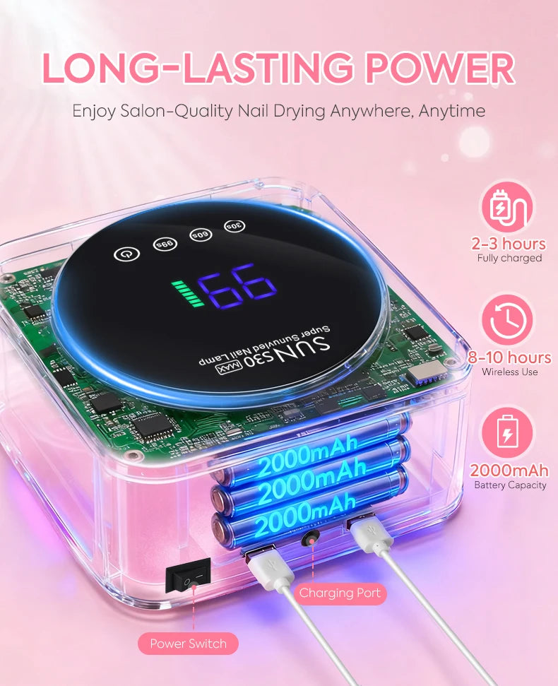 Lámpara portátil LED para secar uñas con pantalla digital, batería de 2000mAh y puerto de carga.