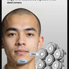 A man's face showing the application of a 7D Floating Blade Head electric shaver on the jaw, chin, and neck area.