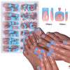 A collection of 144 glossy press-on nails in a light pink and baby blue French style displayed on hands and toes.