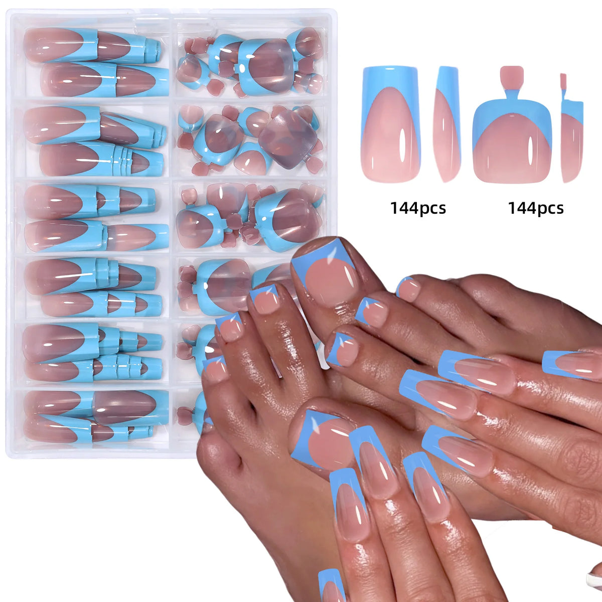 A collection of 144 glossy press-on nails in a light pink and baby blue French style displayed on hands and toes.