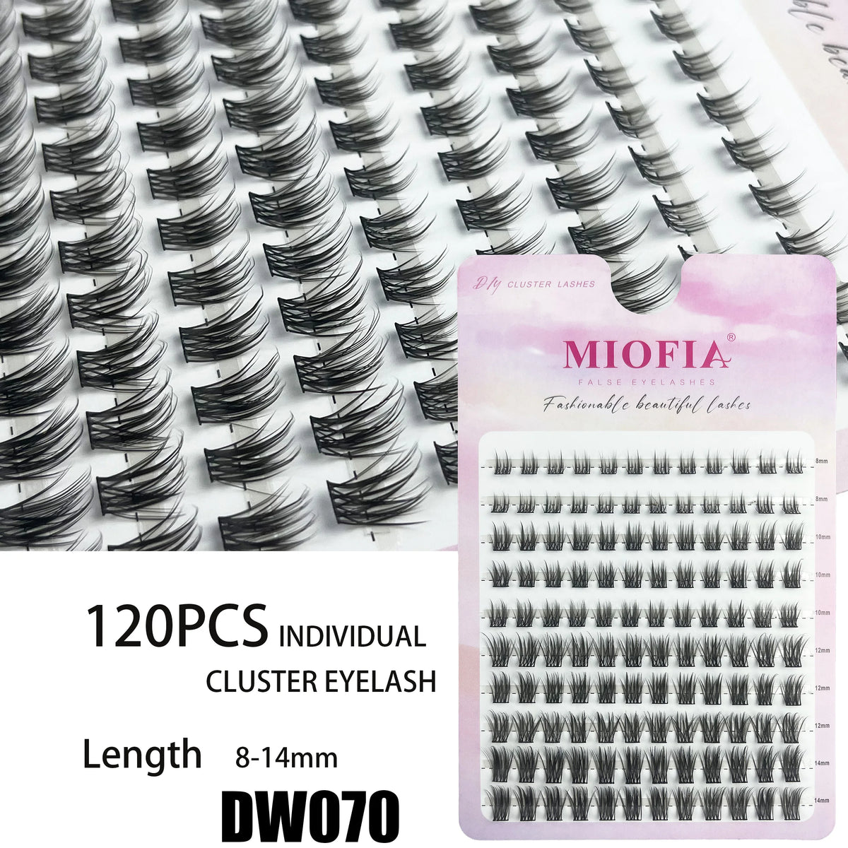 A package of 120 pieces of Miofia cluster lashes showing the natural looking false eyelash extensions.