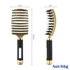 A gold-colored nylon bristle detangling comb for wet hair shown with dimensions and net weight.