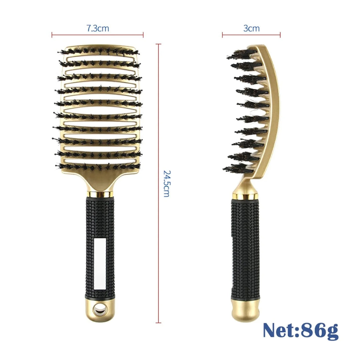 A gold-colored nylon bristle detangling comb for wet hair shown with dimensions and net weight.