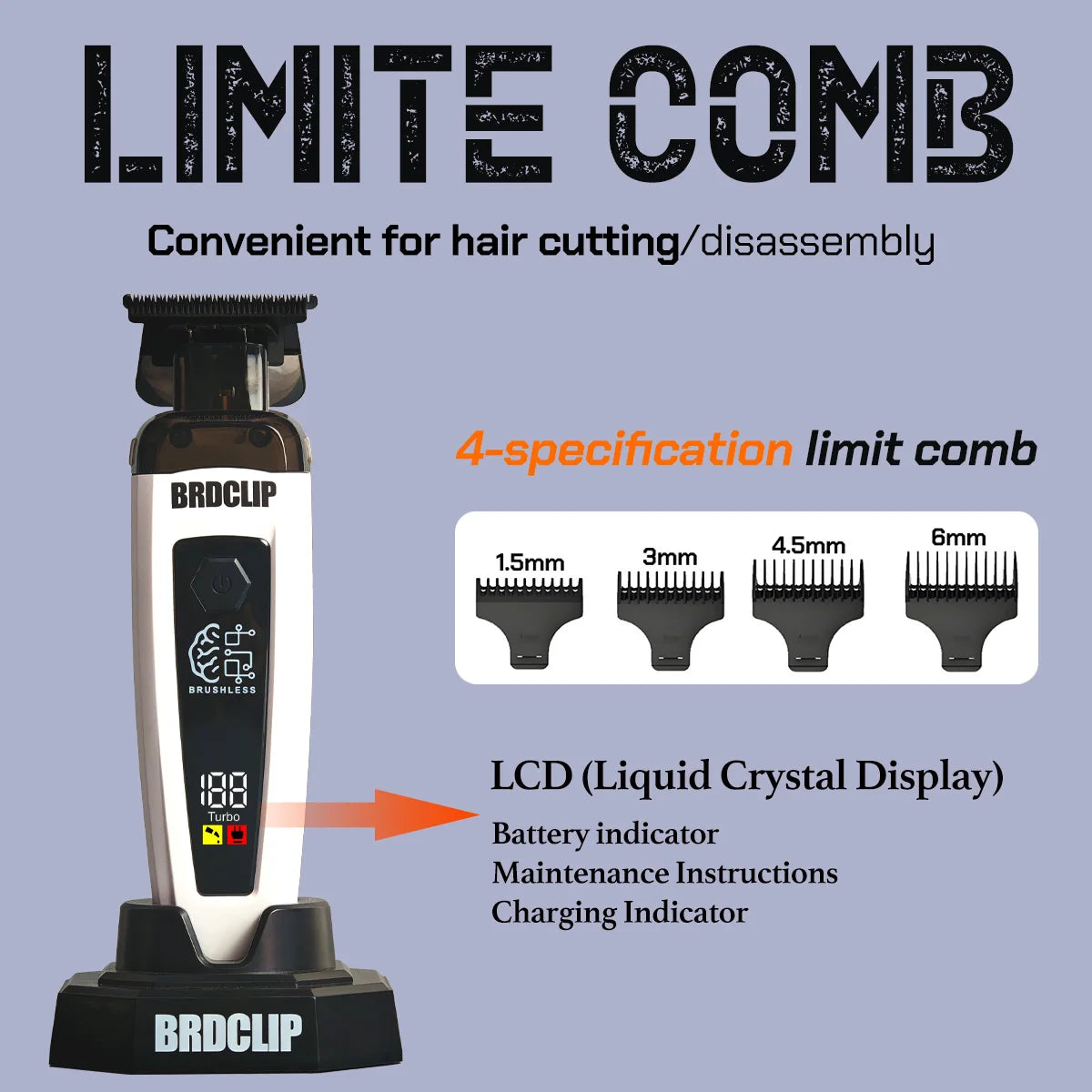 A BRDCLIP limit comb hair trimmer with an LCD display showing battery and charging status.