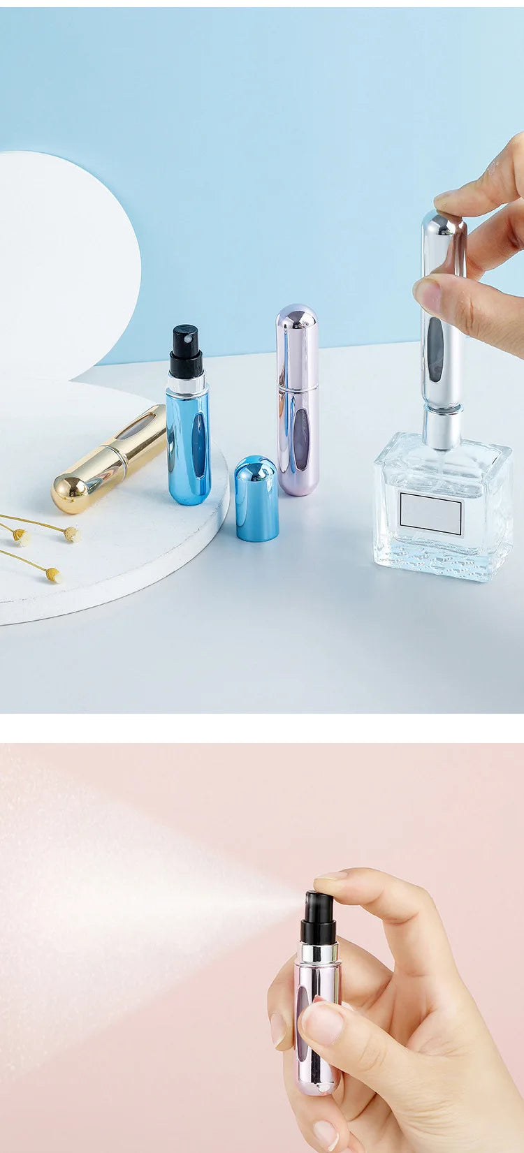 A hand holds a silver portable mini perfume refill spray next to various glass and metal bottles.