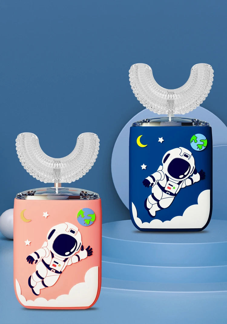 A pink and blue 360° automatic electric toothbrush for kids with a clear head and a blue body, set against a light blue backg