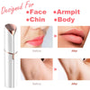 Painless electric facial hair remover device showing before and after results on face, chin, and body.