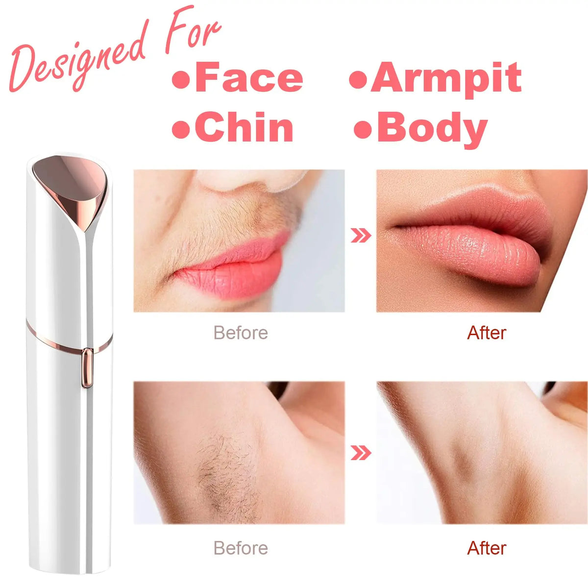 Painless electric facial hair remover device showing before and after results on face, chin, and body.