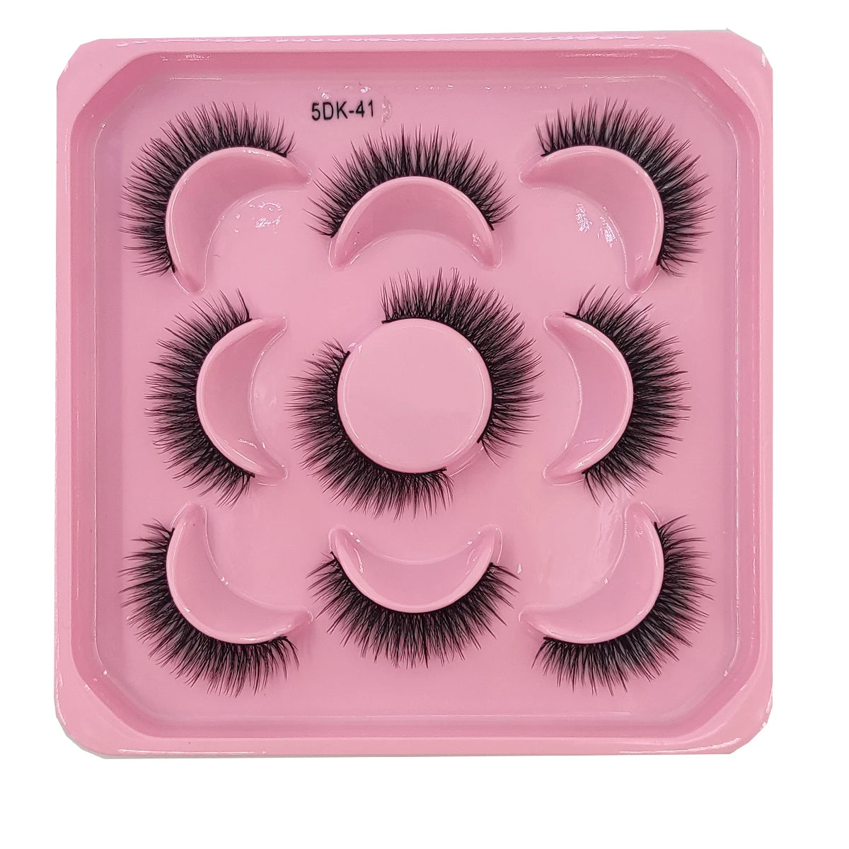 A pink tray containing a set of artificial mink eyelashes for eye extensions.