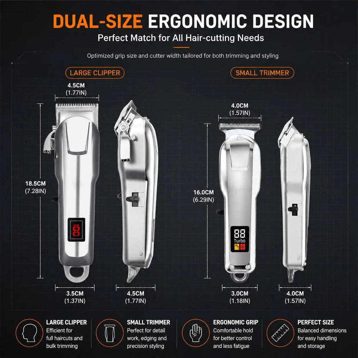 Dual-size ergonomic hair clipper set showing large and small trimmers with grip details