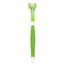 A green 3-sided pet toothbrush for dogs and cats with a white handle.