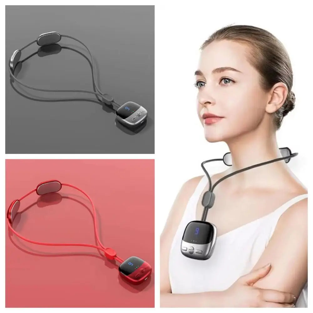 A multi-mode wireless cervical spine massager shown in black and red versions, with close-ups of the device and a woman using
