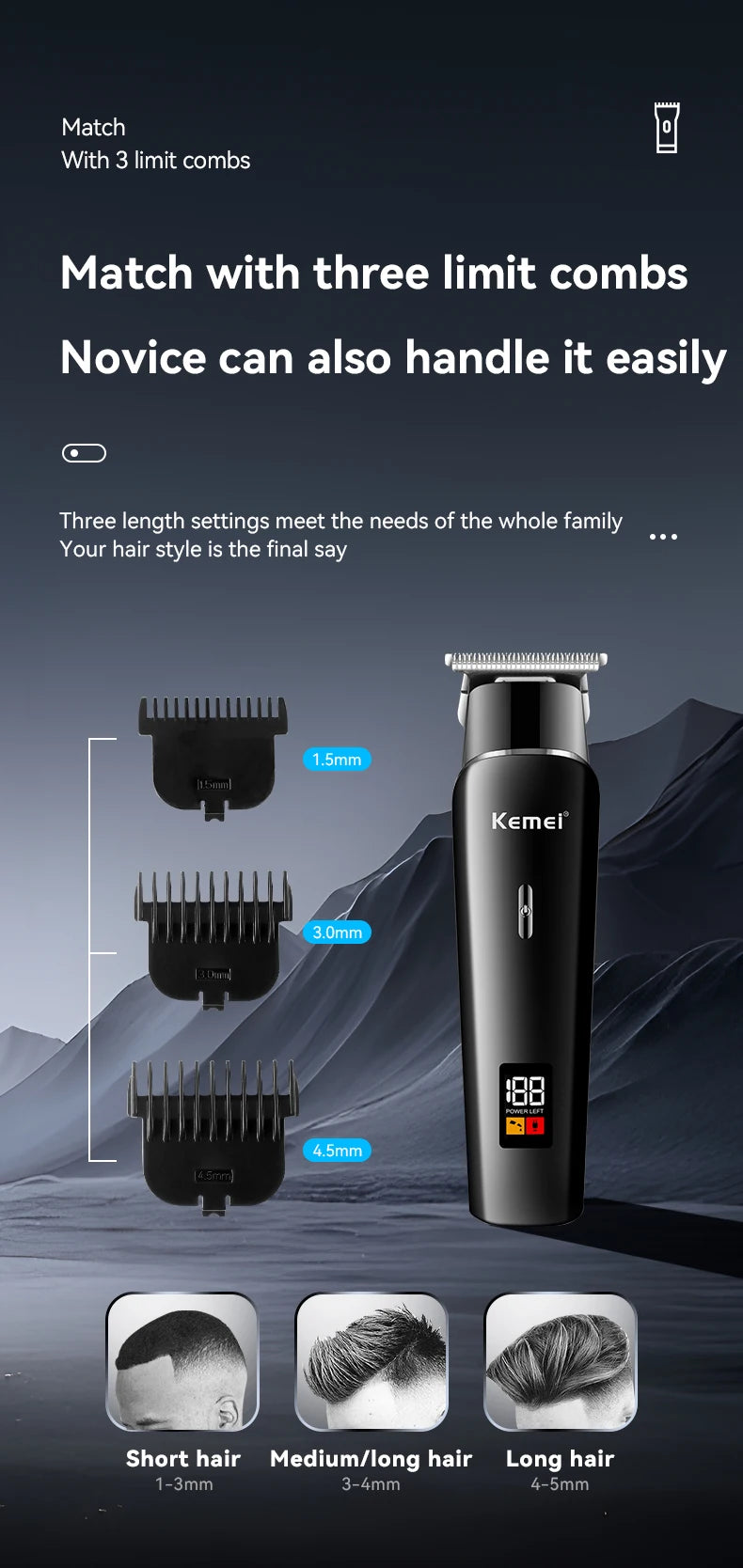 A Kemel electric hair and beard trimmer shown with three different length settings and examples of short, medium/long, and lo