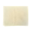 A square, light beige reusable exfoliating bath sponge washcloth with a mesh texture.