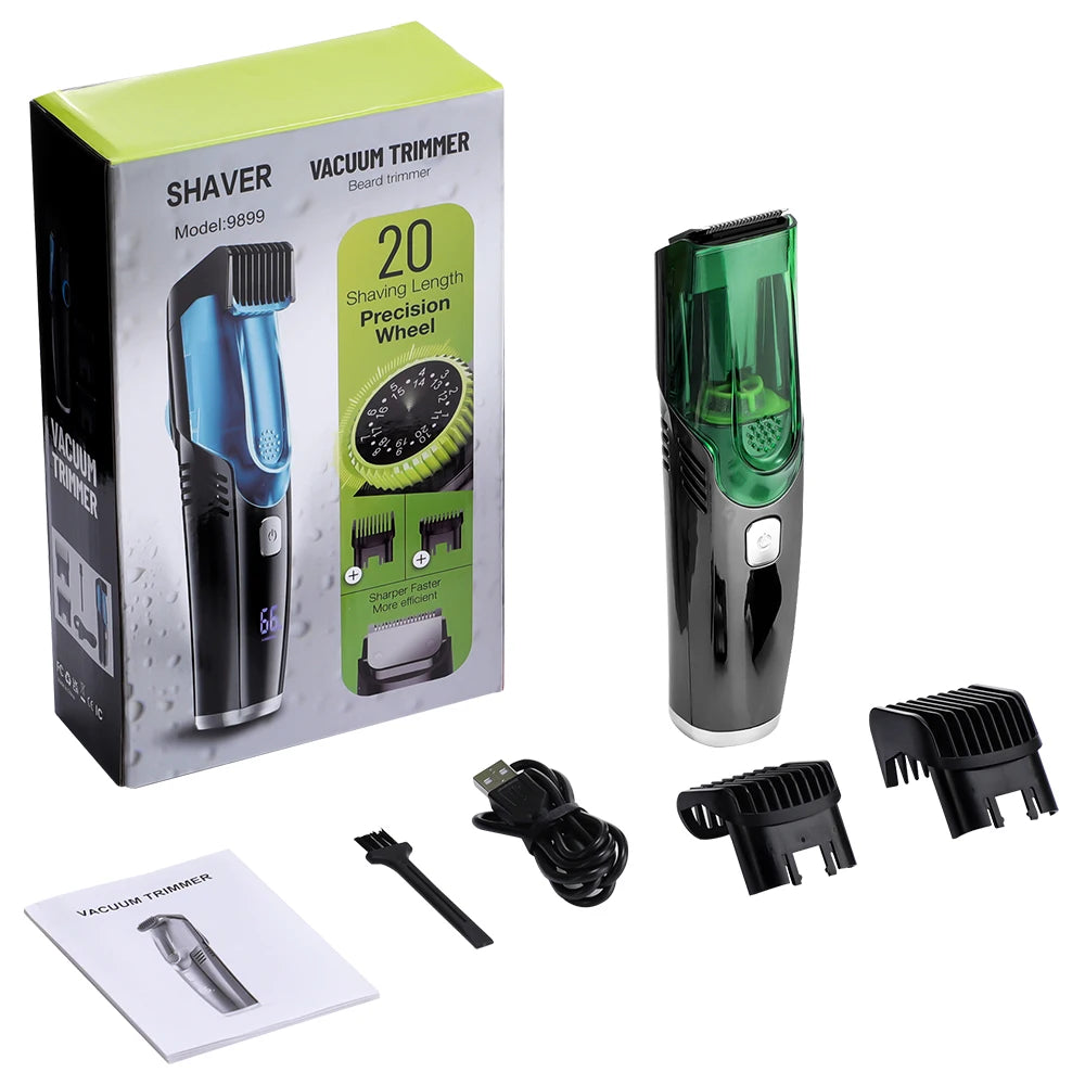 A box and several components of a precision rechargeable beard trimmer with suction design, including the shaver unit and att