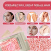 A pink wax product is shown with a plastic applicator and loose wax beads, demonstrating its versatility for various body par