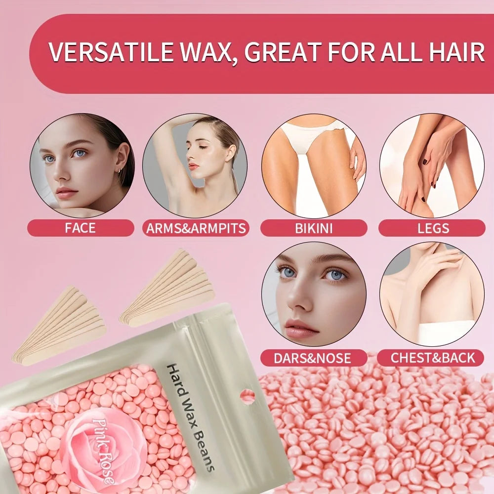 A pink wax product is shown with a plastic applicator and loose wax beads, demonstrating its versatility for various body par