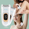 A woman is using a white 2-in-1 rotary body and facial hair remover device on her skin.