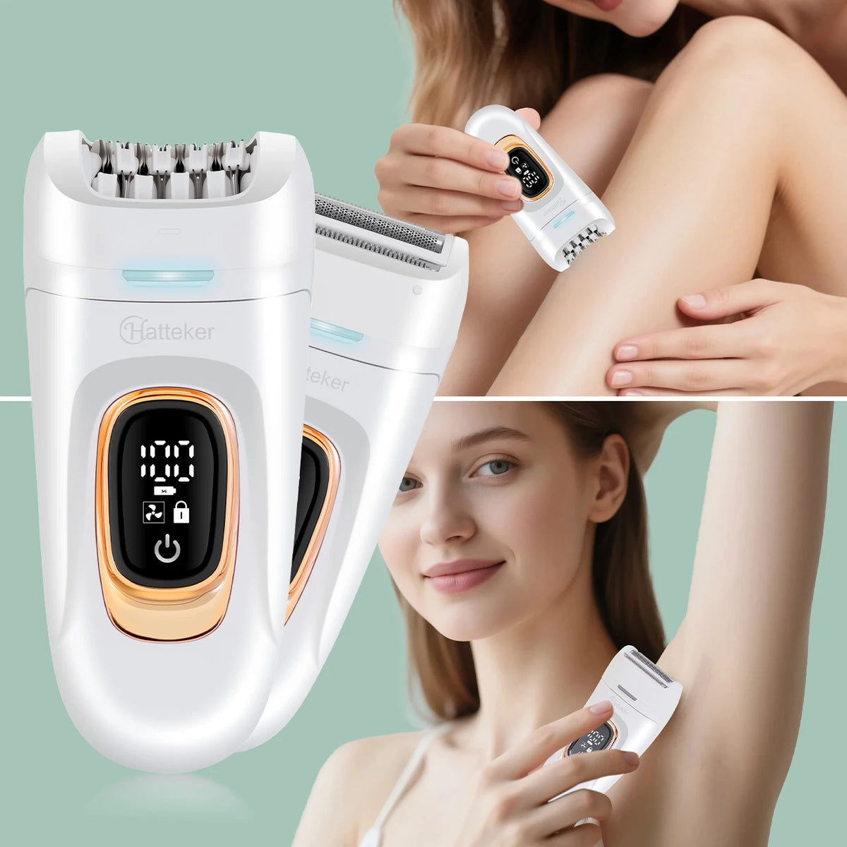 A woman is using a white 2-in-1 rotary body and facial hair remover device on her skin.