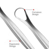 Stainless steel tongue scraper set showing curvature and ergonomic design features