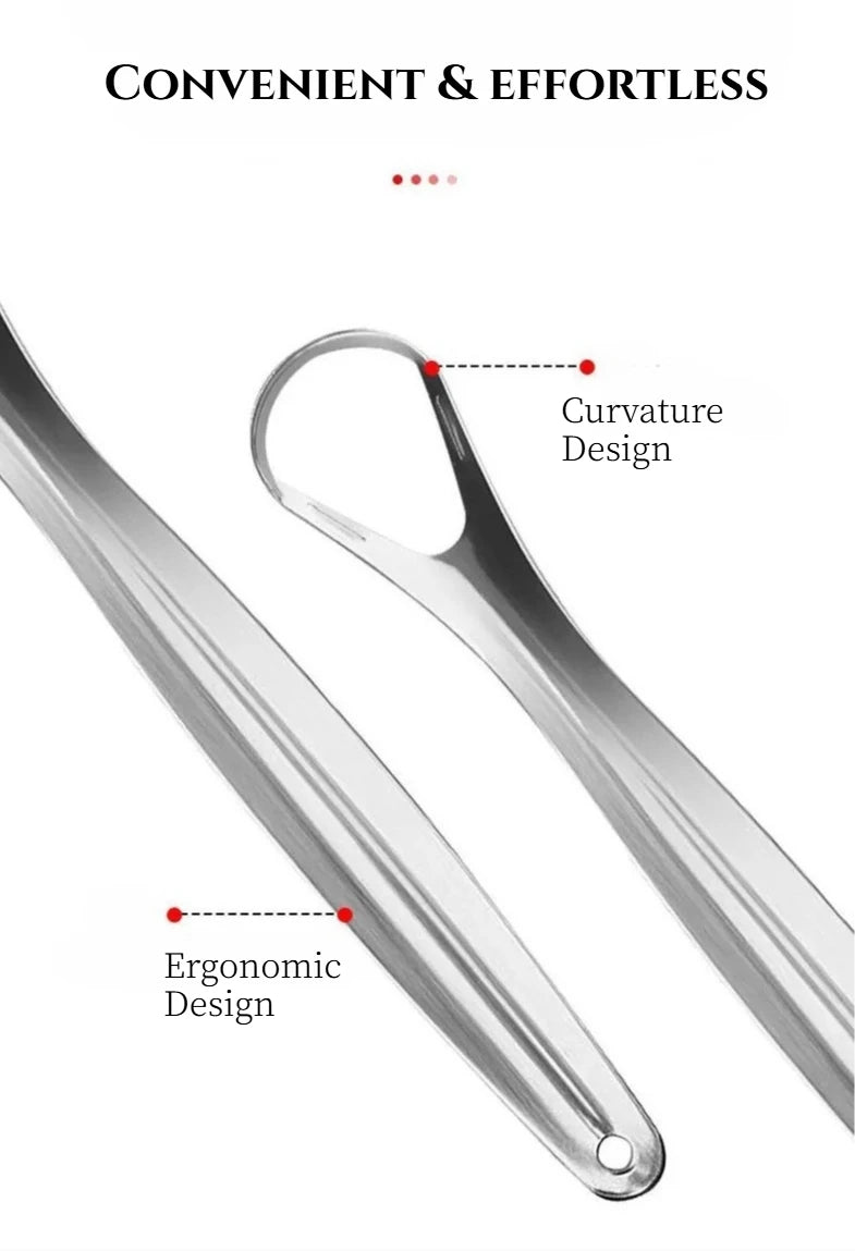 Stainless steel tongue scraper set showing curvature and ergonomic design features