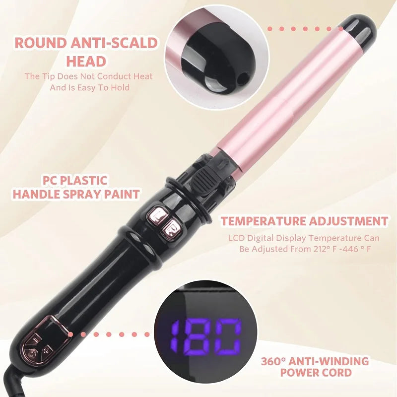 A pink and black automatic curling iron with a round anti-scald head, featuring temperature adjustment and a 360 degree anti-
