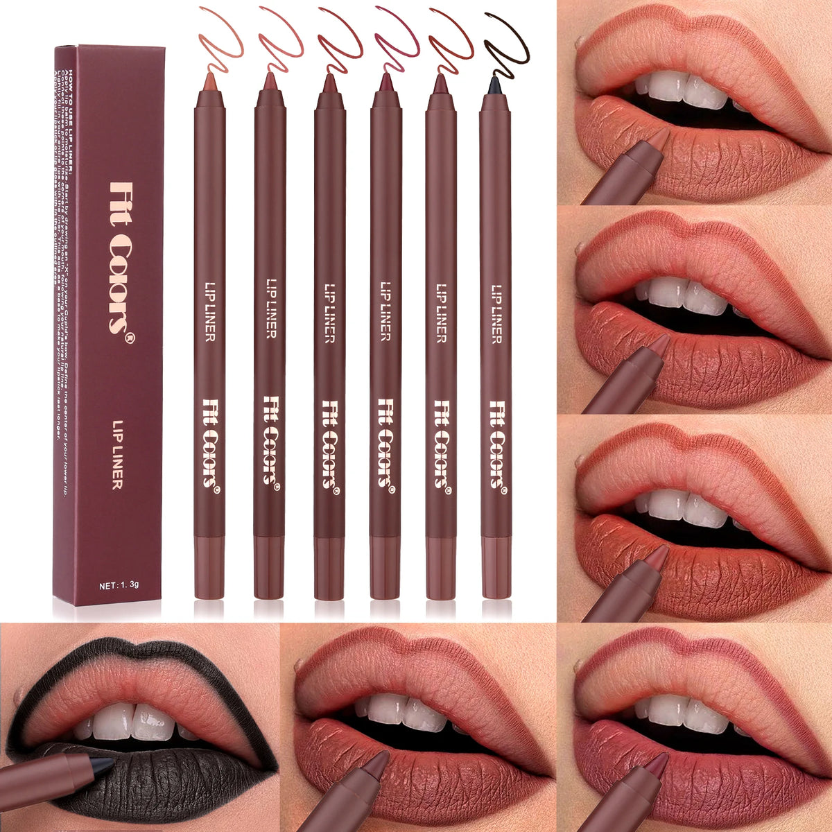 A set of Fit Coors long-lasting matte lip liner pencils in various shades and a packaging box.