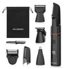 A black MAXGROOM 4-in-1 body hair trimmer set showing various grooming tools including a trimmer, comb, and specialized attac