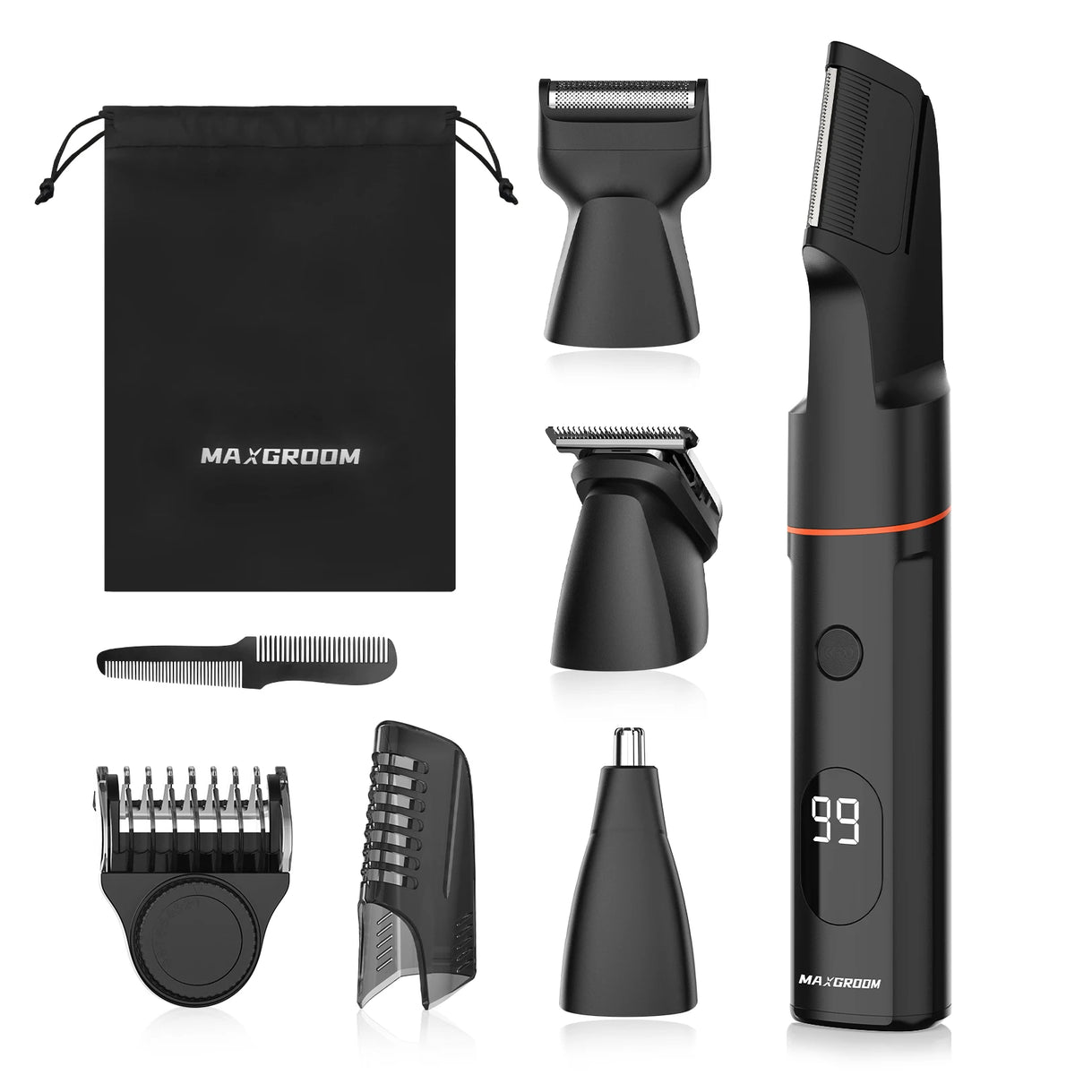 A black MAXGROOM 4-in-1 body hair trimmer set showing various grooming tools including a trimmer, comb, and specialized attac