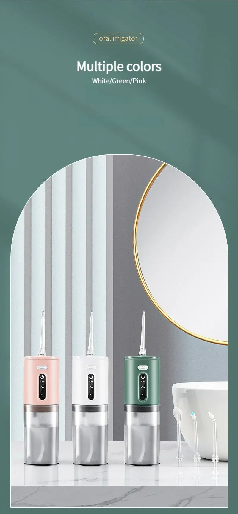 Multiple colors of an oral irrigator including white, green, and pink models displayed in a bathroom setting.