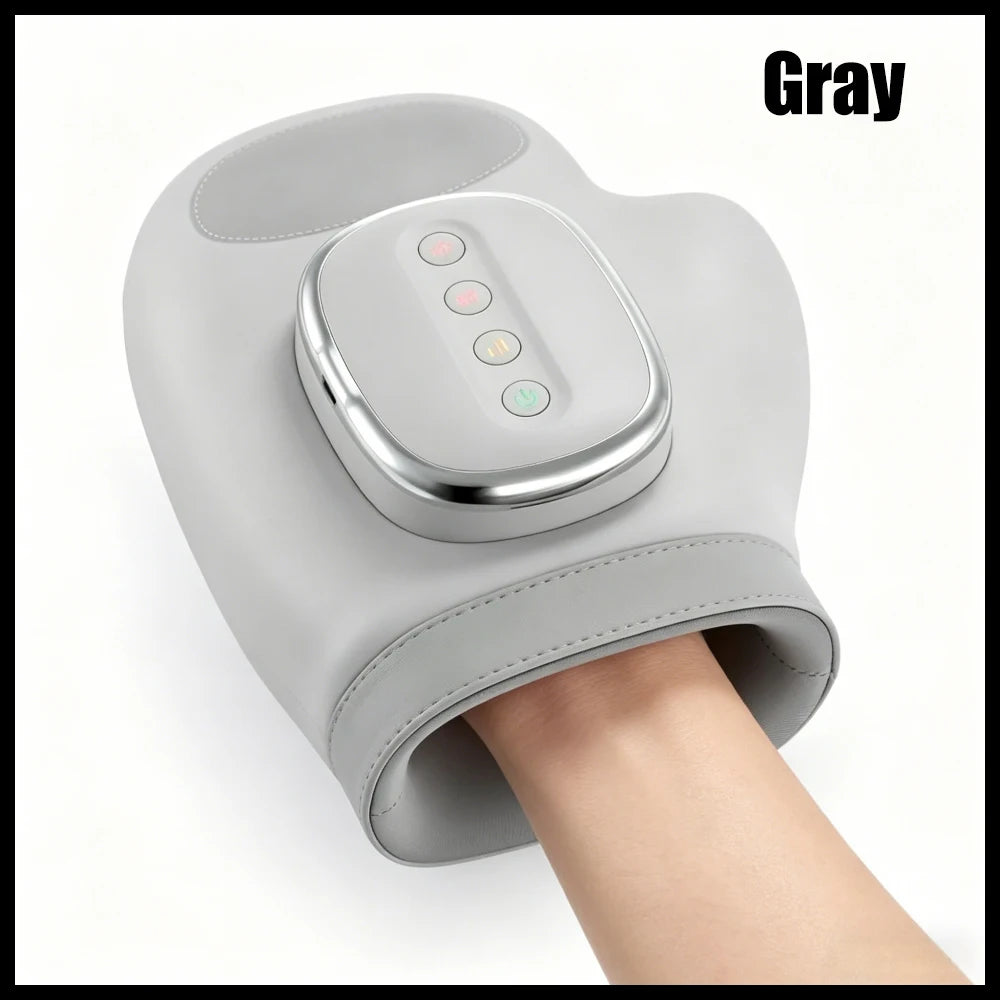 Grauer ergonomischer Handmassager mit Airbag-Kompression auf einem Arm.