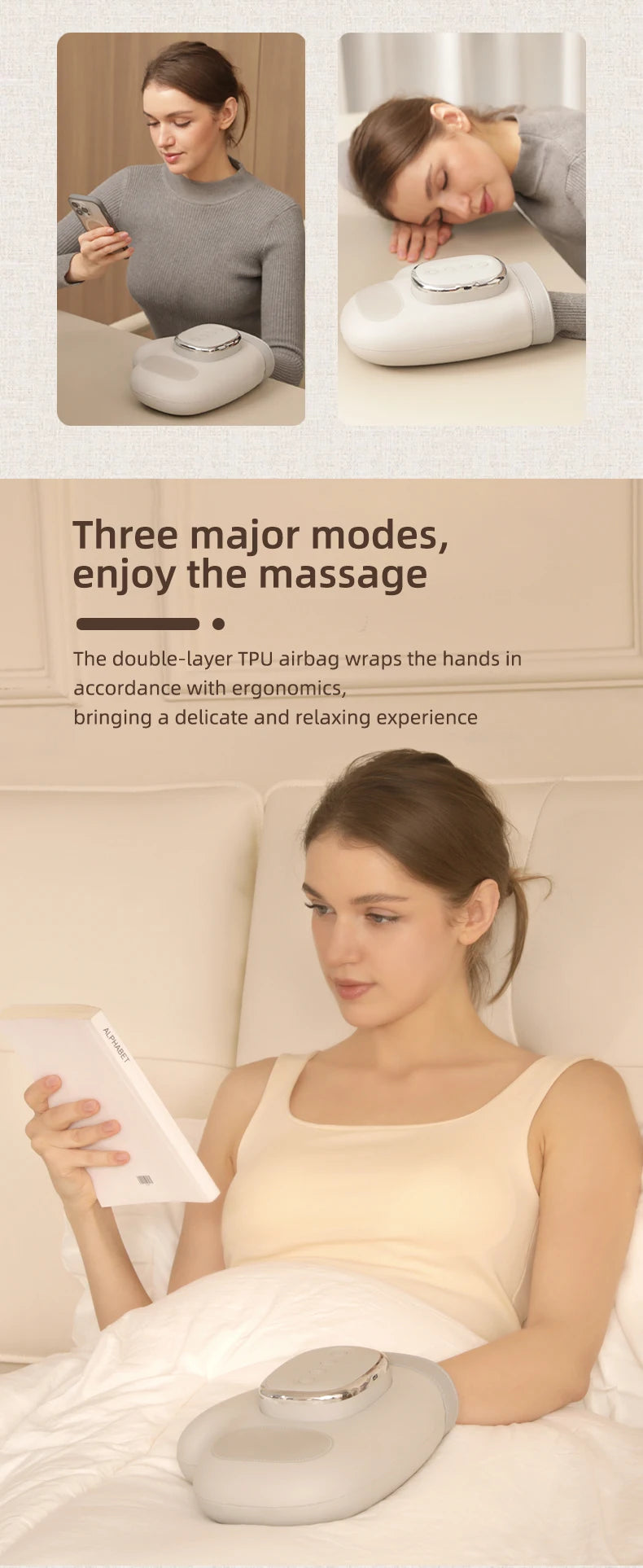 Eine Frau nutzt einen weißen ergonomischen Handmassierer mit Airbag zum Entspannen im Bett.