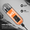 An orange and silver portable electric nose hair trimmer with Li-ion battery and USB charging port.
