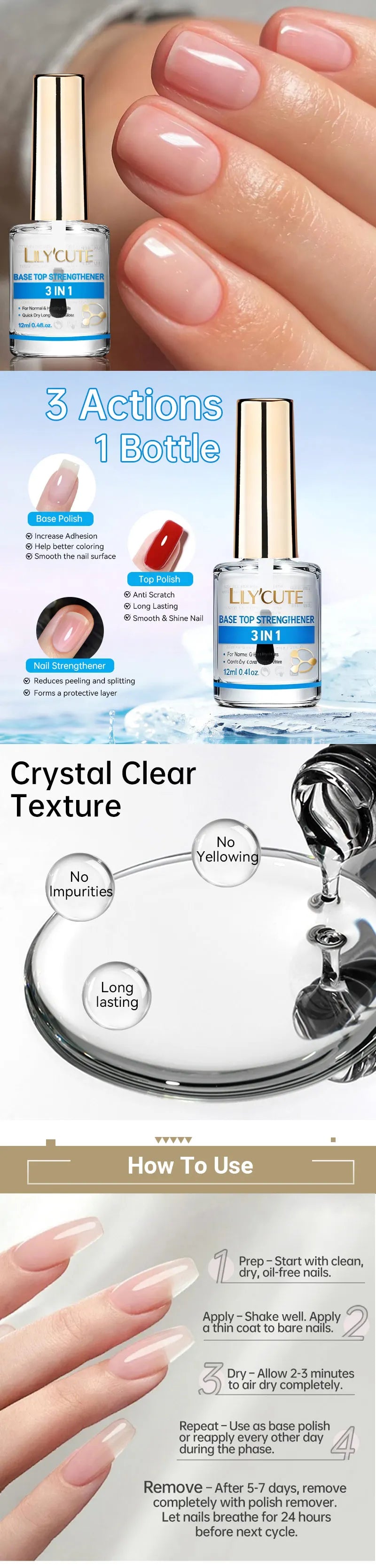 Bouteille de vernis à ongles LLYCUTE Base Top Strengthener, couleur rose blanc laiteux, à côté d'une main.
