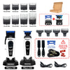 A set of professional electric hair clippers and accessories including blades, combs, and a power unit.