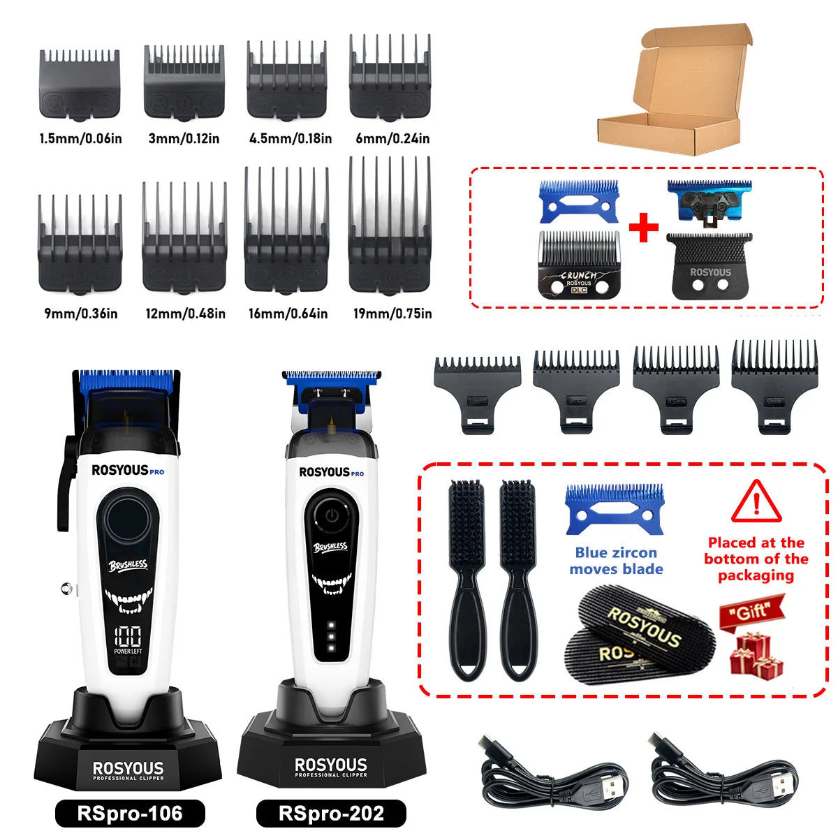 A set of professional electric hair clippers and accessories including blades, combs, and a power unit.