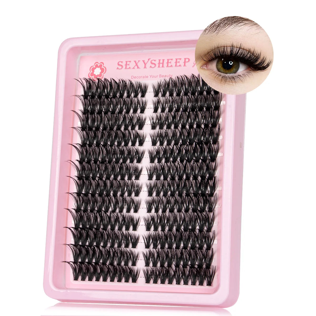 A pink plastic lash tray containing natural wispy lash clusters for decorating beauty.