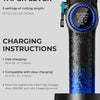 A close-up of a black rotary hair trimmer with a blue blade and charging port, showing usage instructions.