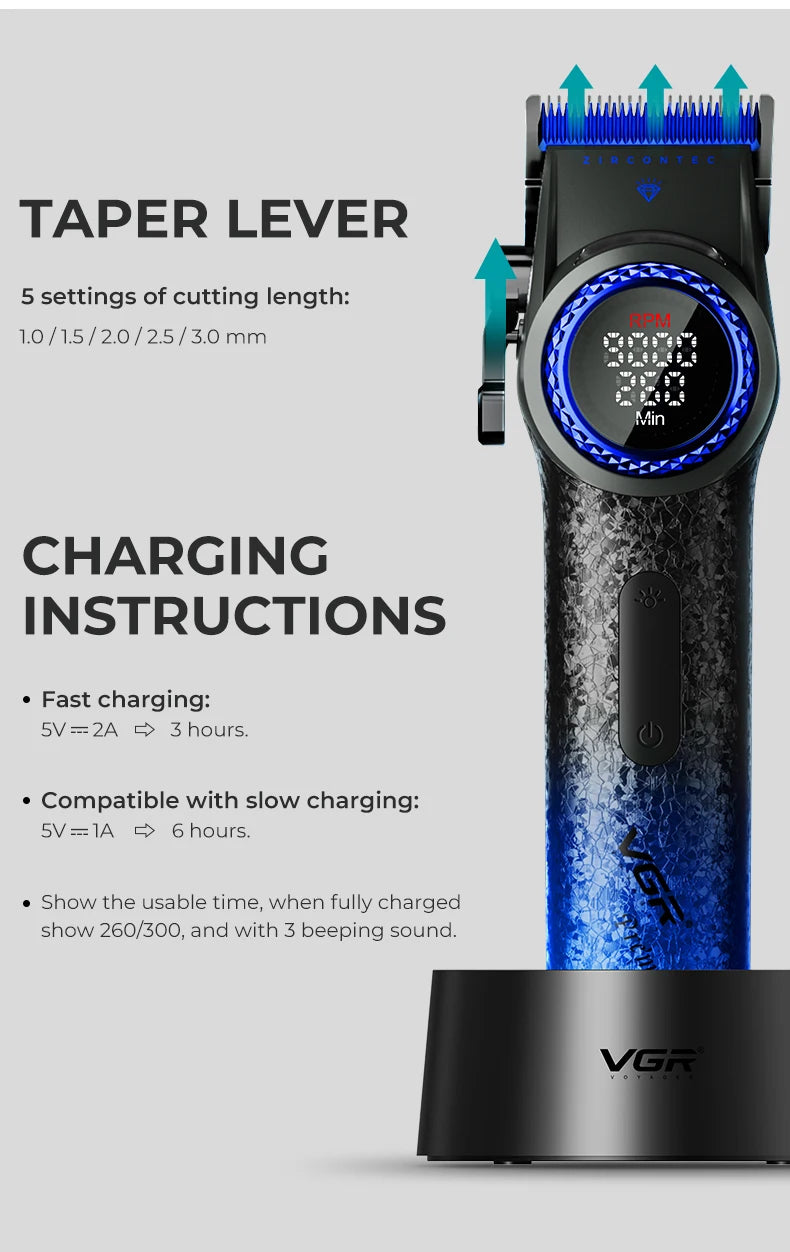 A close-up of a black rotary hair trimmer with a blue blade and charging port, showing usage instructions.
