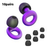 Ten pairs of purple and black silicone ear plugs for noise reduction