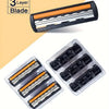 A close-up view of a stainless steel safety razor with a replaceable triple-blade head and a plastic storage case.