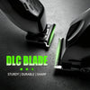 Close-up of a black electric hair clipper blade with a green LED display, emphasizing its sturdy, durable, and sharp features